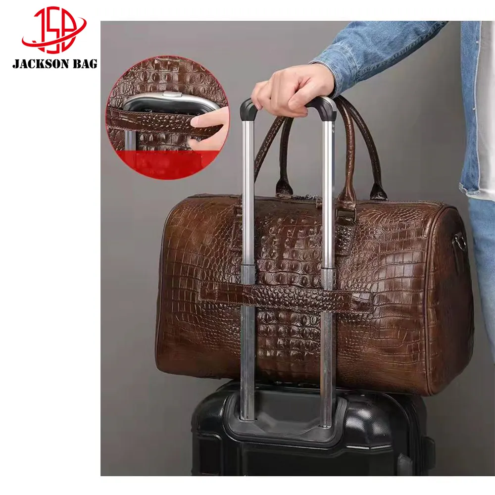 Bolsa de viagem de couro de crocodilo, bolsa de viagem para academia de grão completo para homens e mulheres, sacola de viagem personalizada