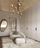 Dressing moderne de luxe sur mesure, armoire blanche avec vitrine en verre et cadre en aluminium pour chambre principale