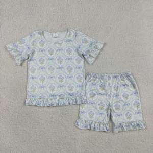 GSSO3323 RTS Little active girl blue flowers print summer outfits kids wholesale girl child summer shorts sleeve set - Product Image 2
