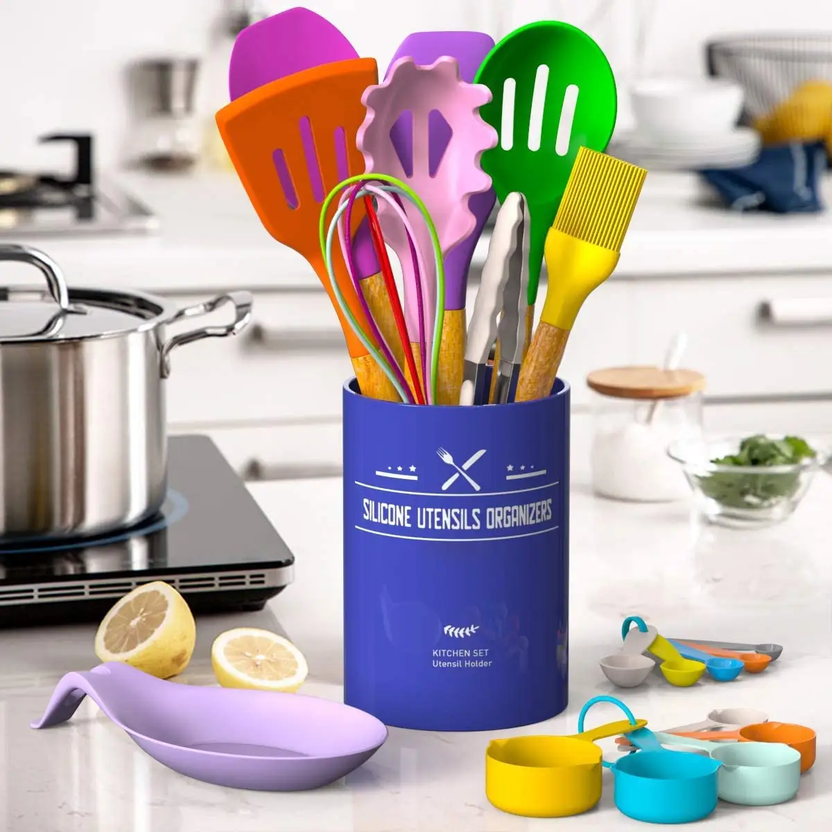 33pcs Non-Stick Silicone Cooking Kitchen Utensils Spatula Set with Holder Wooden Handle Silicone Kitchen Gadgets