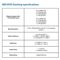 Station d'accueil USB-C Thunderbolt 3 WD19TB avec adaptateur secteur 180W, prend en charge trois écrans 4K pour Latitude XPS