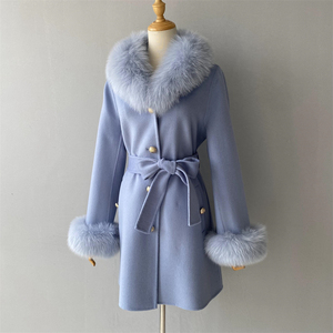 <span class=keywords><strong>Cappotto</strong></span> di lana fatto a mano elegante a doppio viso traspirante con colori personalizzati lusso con collo di pelliccia di vera volpe <span class=keywords><strong>cappotto</strong></span> di lana blu chiaro da donna invernale - Product Image 2