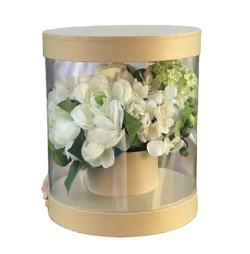 Prêt à expédier blanc noir rose or couleur cadeau boîte de livraison de fleurs boîte à fleurs ronde en carton d'expédition avec fenêtre transparente en pvc