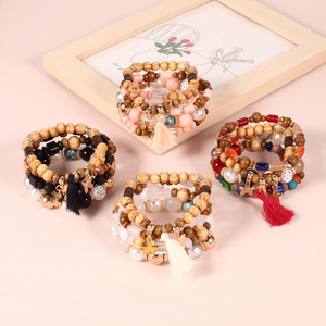 <b>Beaded</b> <b>Bracelets</b> Women's Wood Imitation Pearl Bohemia Style Multi Layer With Tassel Star Butterfly Charm Gift Jewelry - Product Image 1