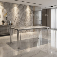 Table à manger rectangulaire moderne de luxe en pierre frittée, pieds en acier inoxydable brillant argenté, résistante aux rayures, mobilier de maison en marbre