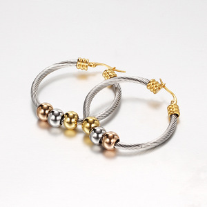 Hoop <b>Earrings</b> 3Mm Stainless Steel Two Tone Beaded Round Cable Women's <b>Stud</b> <b>Earrings</b> Fashion Simple Geometric Design - Product Image 2