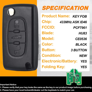 Clé de <span class=keywords><strong>voiture</strong></span> noire à 3 boutons Heart Horse pour Citroën, avec fente et support HU83 CE0536 433MHZ - Product Image 2