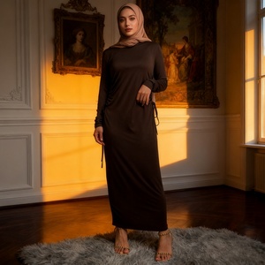 9.9 <b>Abaya</b> Dress Solid Color Little Bouncy Jersey Material Lace up on Both Side Simplicity Chic Long Slim Sleeves Dress 6736# - Product Image 5