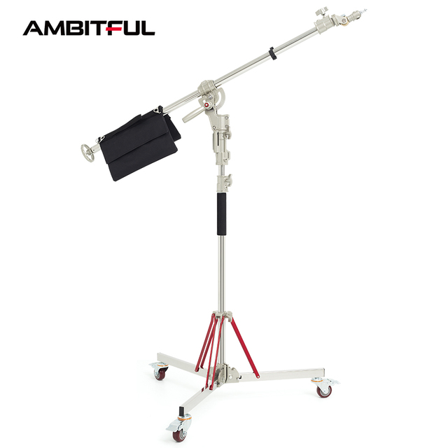 Remotely Adjustable Heavy Duty Stainless Steel 4.4M Extended Professional Tripod Light Stand + Boom Arm C Stand + Wheel Load Box