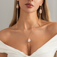 Parure de bijoux vintage en alliage plaqué or avec pendentif perle irrégulière baroque, boucles d'oreilles et long collier, pour fiançailles, anniversaire, fête