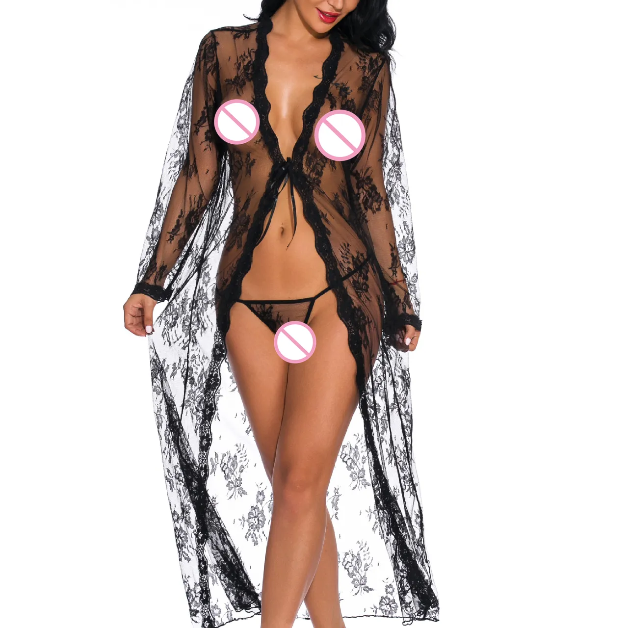 I più venduti san valentino Lingerie donna Sexy Lingeries abito lungo in pizzo abito trasparente vedi attraverso Kimono Robe Lenceria