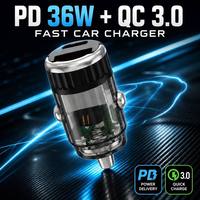 Cargador de Coche USB Transparente Mini de 36W al por Mayor de Fábrica, Cargador de Coche USB Tipo C de Doble Puerto PD 36W QC 18W
