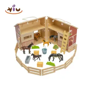 KIU Wooden Activity Toy Scene Toy Foldable Horse Stable Set Wooden Play Horse Stable House Gift Toys for Kids