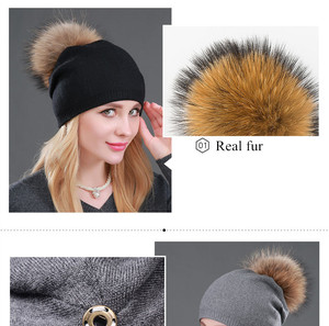 Nouveau <span class=keywords><strong>bonnet</strong></span> en tricot d'hiver pour femmes, mode, véritable fourrure de raton laveur, <span class=keywords><strong>pompon</strong></span>, <span class=keywords><strong>bonnet</strong></span> en <span class=keywords><strong>cachemire</strong></span> et laine, <span class=keywords><strong>bonnet</strong></span> ample - Product Image 5