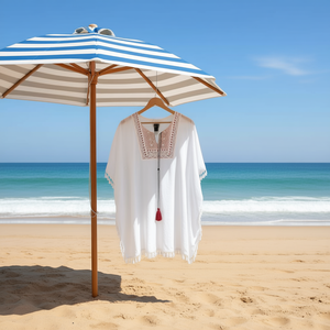 Robe de plage d'été pour femme HDJ, col en V, broderie à pompons, coupe ample, longueur midi, maillot de bain 85*80CM, polyester blanc W22054-34 - Product Image 2