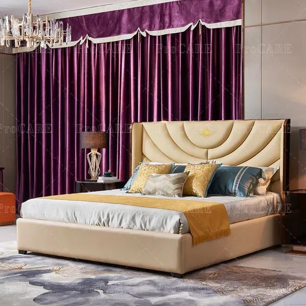 Lit en bois massif de luxe léger chambre principale moderne minimaliste net lit de mariage rouge lit en cuir nordique