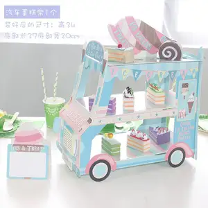 Set Pajangan Kue, Kue Kering Tampilan Kue, Sangkar Burung Bentuk Mobil Pink/Biru Mawar Dot Rak Kue Kertas
