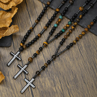 Collier Croix Religieuse pour Homme Très Demandé, Perles en Œil de Tigre Jaune et Gallstones Noirs Naturels, Style Hip Hop