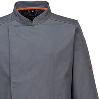 Veste de chef unisexe à col mandarin, manches longues, sergé CVC 100% polyester, uniforme de restaurant et de bar, poches, fermeture boutonnée, couture