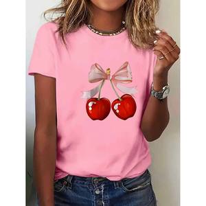Blouse ou T-<span class=keywords><strong>shirt</strong></span> pour <span class=keywords><strong>femme</strong></span> en tricot respirant, à logo imprimé, design personnalisé, <span class=keywords><strong>avec</strong></span> <span class=keywords><strong>motif</strong></span> nœud cerise - Product Image 4