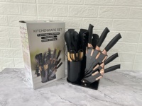 Ensemble d'ustensiles de cuisine en silicone et plastique de 18 pièces avec planche à découper à manche en bois et seau de rangement