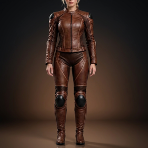 Conjunto de Chaqueta y Pantalones de Motocicleta de Cuero Marrón para Mujer, Equipo de Protección Completo - Product Image 1