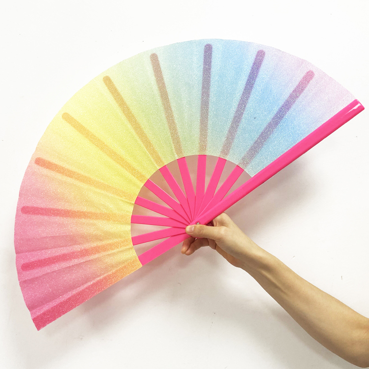 Beautiful Rainbow Folding Fan Big Size Hand Fan Solid Plastic Handle Dancing Fan
