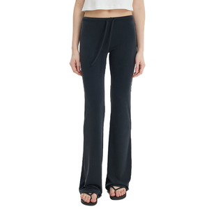 Wholesale Solid Color Knitted Low Waist Micro Flare Slim Casual <b>Pants</b> for Women Soft Stretch Knit Drawstring Lounge Trousers - Product Image 3
