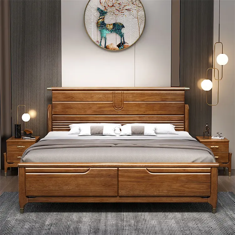 Lit double en bois massif de 1.8m chambre à coucher principale avec rangement lit king-size en bois massif meubles de chambre à coucher