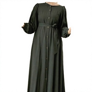 Abaya longue à manches longues pour femme, col montant, robe modeste, couleur unie, coton respirant, tenue quotidienne, style Moyen-Orient - Product Image 3
