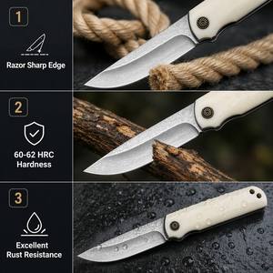 EDC Damascus Blade Bovine <b>Bone</b> <b>Handle</b> Pocket Outdoor Camping Adventures Tactical Folding Blade Damascus <b>Knife</b> for Hiking Fishing - Product Image 3