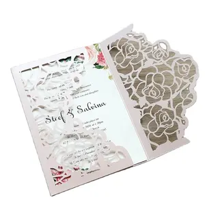 New design Laser Cut pearl white Wedding Invitations Card Hollow Rose Invitation Cards Greeting Gift Pocket cover party supply