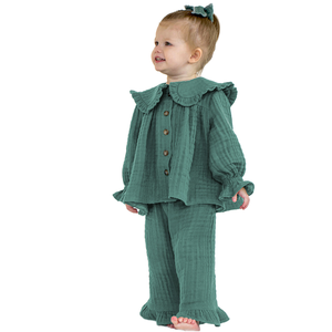 Conjunto de Dos Piezas de Muselina 100% Algodón para Niñas Pequeñas, Blusa con Cuello con Volantes y Botones al Frente, Pantalones Anchos, Atuendo Informal para Niños - Product Image 1
