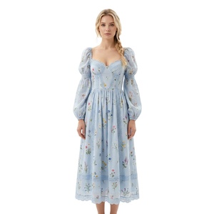 Abito Lungo Floreale <span class=keywords><strong>in</strong></span> Pizzo Personalizzato da Donna, con Scollo a Cuore e Maniche a Sbuffo, Vestito a Trapezio, OEM, <span class=keywords><strong>Taglie</strong></span> <span class=keywords><strong>Forti</strong></span> dalla S alla 5XL - Product Image 1