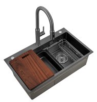 Évier de cuisine encastré à un seul bac en acier inoxydable 304 fait main avec surface nano et trois trous, style ferme