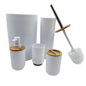 Bamboo Bathroom Set 6 Pieces Round White With Wooden Accents For Washbasin And Toilet Use - Product Image 1