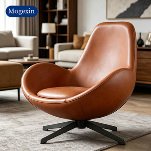 Modern Brown Leather Swivel Ergonomic Leisure Chair with 4-Star Metal Base for Apartment Dining Living Room & Bedroom Use - Product Image 3