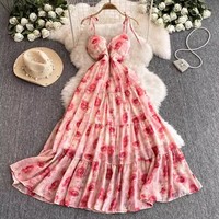 Summer Vintage V-Neck Tunic Slim Casual Dress for Women Sleeveless Printed Lace Dress Red Holiday Skirt Wholesale