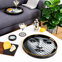 Plateau de service décoratif rond en verre imprimé avec cadre en plastique pour fête d'Halloween, cocktail, café et vanité