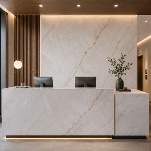 Quartzite cristallin rétroéclairé blanc avec veinage doré et transmission lumineuse exceptionnelle pour un intérieur de style bijou - Product Image 5