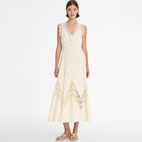 Robe midi personnalisée pour femme avec étiquette privée, en dentelle ivoire, sans manches, col en V, boutonnée sur le devant, taille smockée, plissée, style bohème