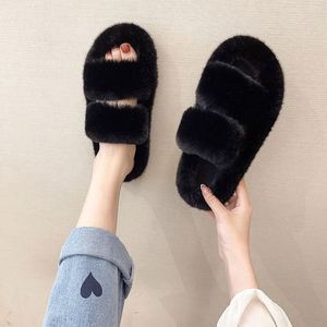 Pantoufles à bande croisée pour femmes doux en peluche fourrure confortable bout ouvert chaussures de maison intérieur extérieur fausse fourrure de lapin chaud confortable sans lacet pantoufle - Product Image 1