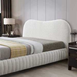 Modern Norme Boucle Upholstered Low Profile <b>Queen</b> <b>Size</b> Platform <b>Bed</b> in Cream for Bedroom - Product Image 3