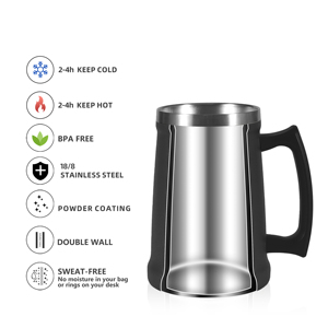 Mug isotherme en acier inoxydable à double paroi, avec poignée, pour café et bière, 18oz, 24oz, 32oz - Product Image 4