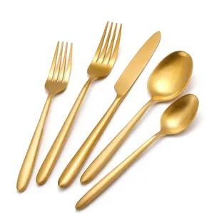 High Quality Elegant Heavy Thick Handle Brushed Silverware Stainless Steel Cutlery Matte Gold Flatware Set