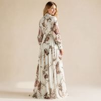 Robe longue personnalisée pour femme à manches longues, imprimé floral, col montant élégant, taille plissée, en mousseline, coupe trapèze, pour l'été