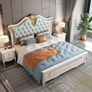 Lit double de luxe de conception européenne, taille king ou queen, cadre de lit en bois doux avec sac souple, lit classique doux pour chambre à coucher européenne - Product Image 1