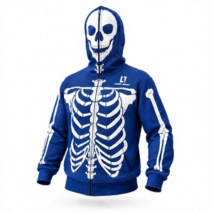 Sudadera con capucha azul gótica para hombre con estampado de calavera, chaqueta con cremallera completa, sudadera con gráfico de huesos, ropa urbana de Halloween, logotipo personalizado impreso - Product Image 1