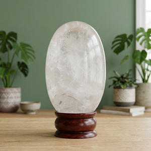 Boule de cristal de quartz naturel ovale polie en gros avec support en bois, décoration Feng Shui pour la maison, objet de collection - Product Image 3