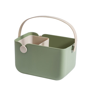 Storage Basket Rectangle With Handles Color Blocking Green And Beige PP Material For Bathroom Storage - Product Image 5